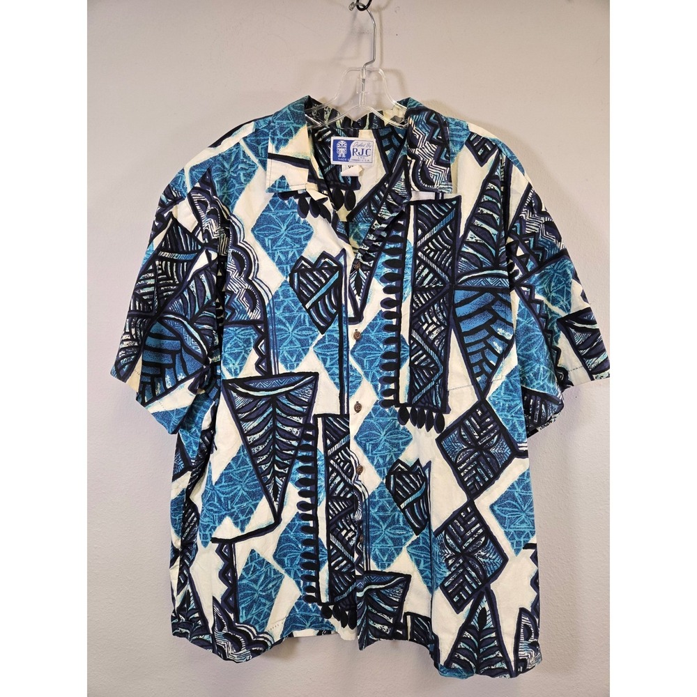 RJC Hawaiian Aloha Tropical Geometric Tribal Print Button Up Shirt‎ Blue XL
